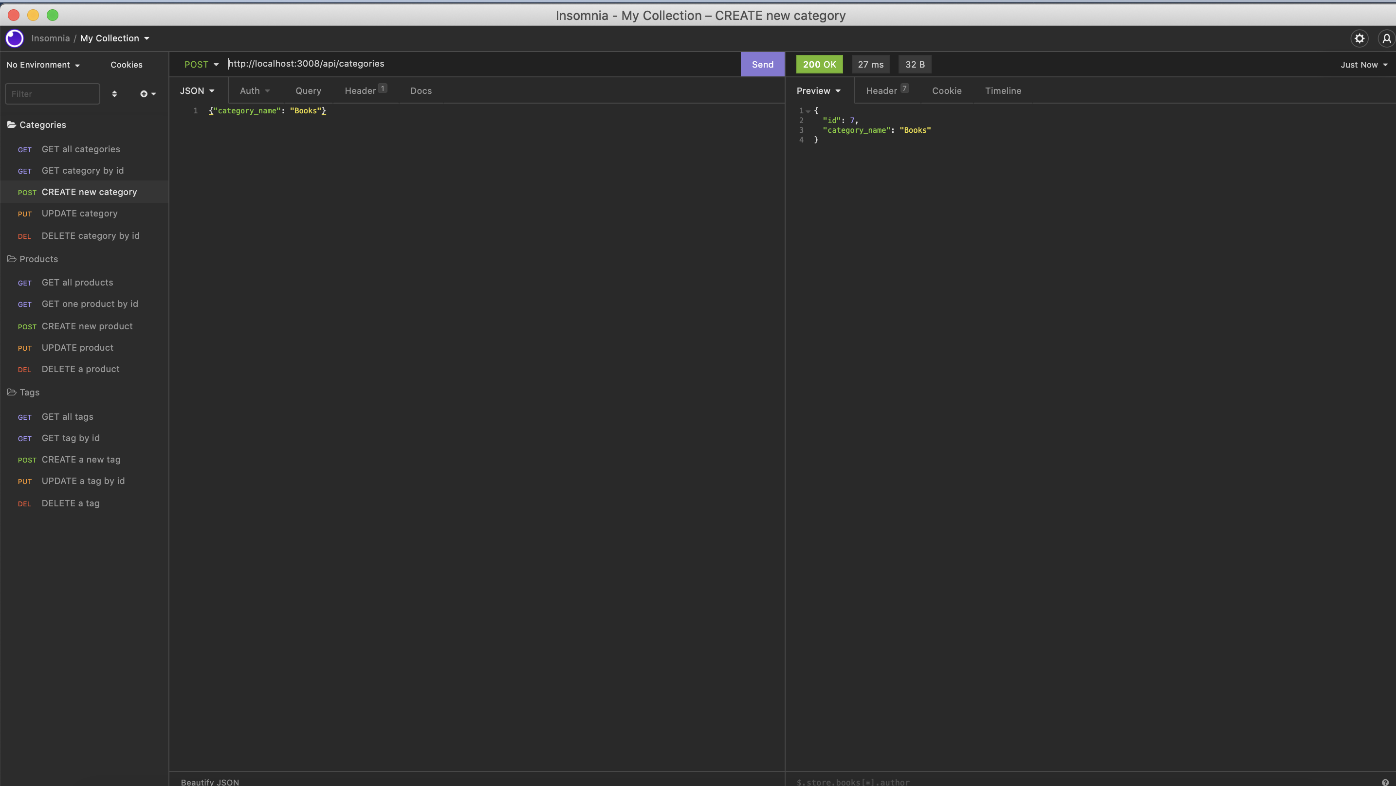 screenshot of ecommerce backend application