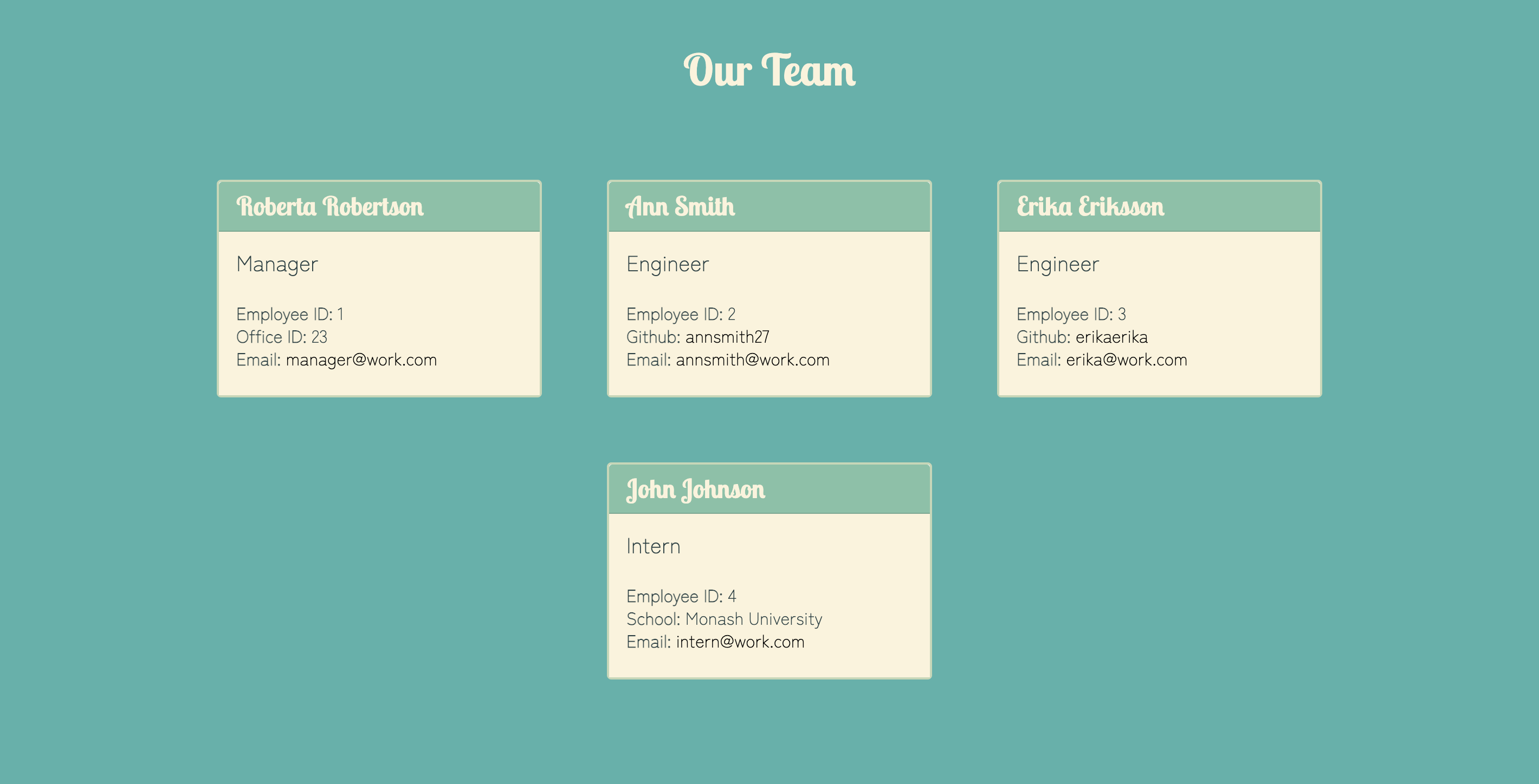 screenshort of team profile generator output
