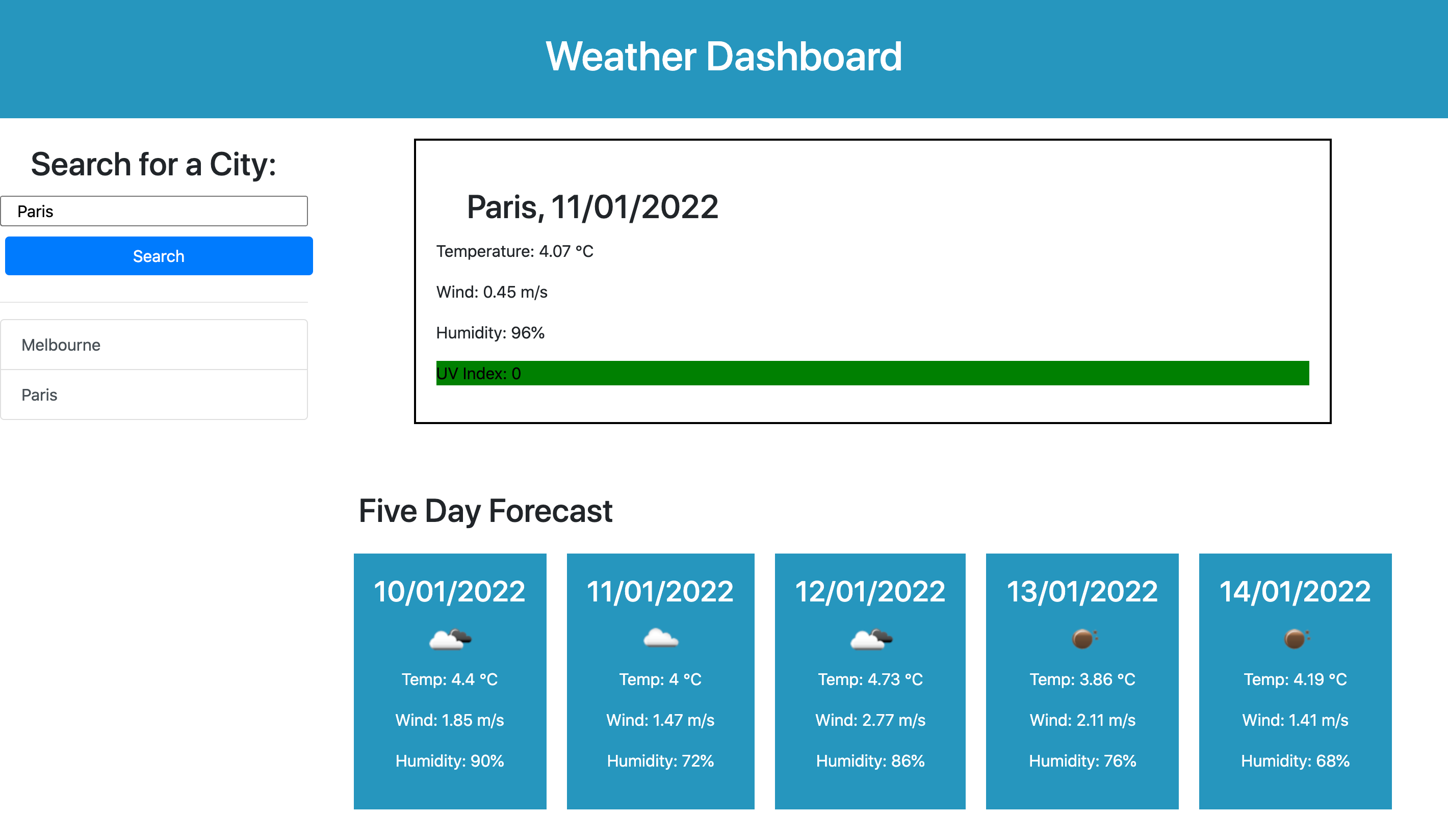 screenshot of weather dashboard project